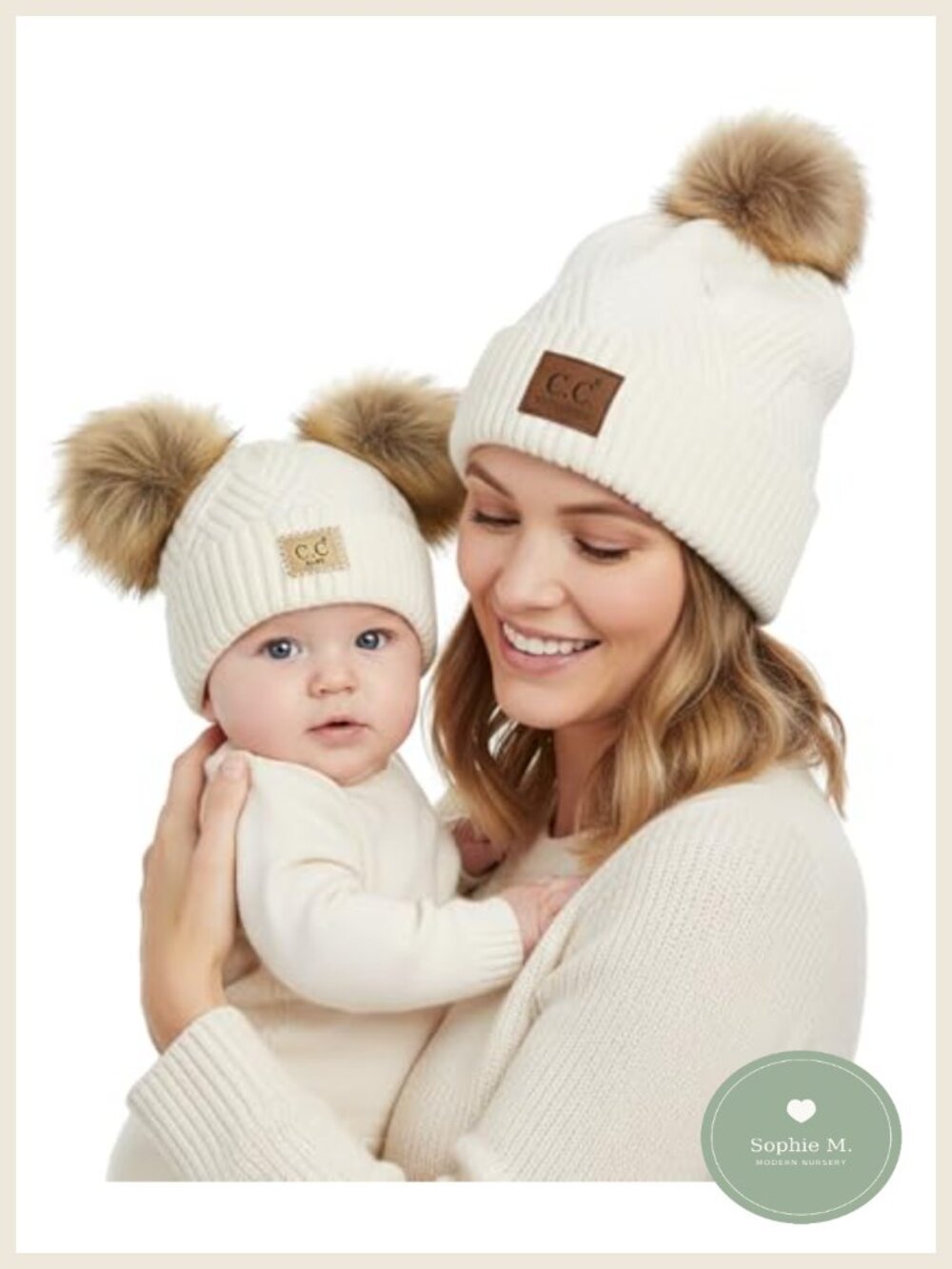 Mommy & Me Double Pom Beanie Hat Set Matching Knit Winter Hats for Mom & Baby